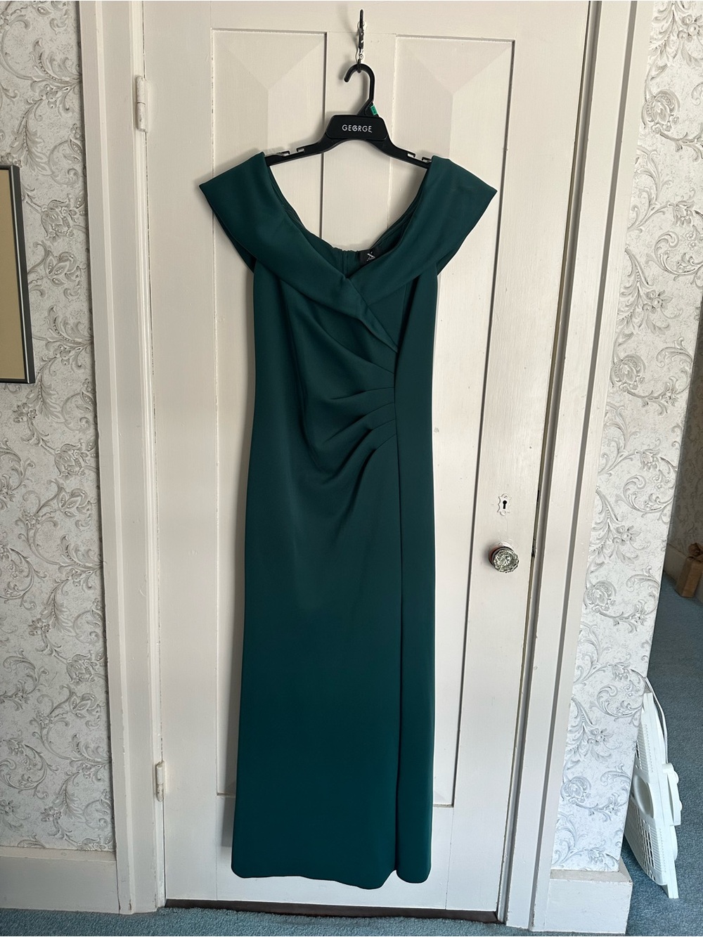 Xscape Off-Shoulder Teal Green Evening Gown